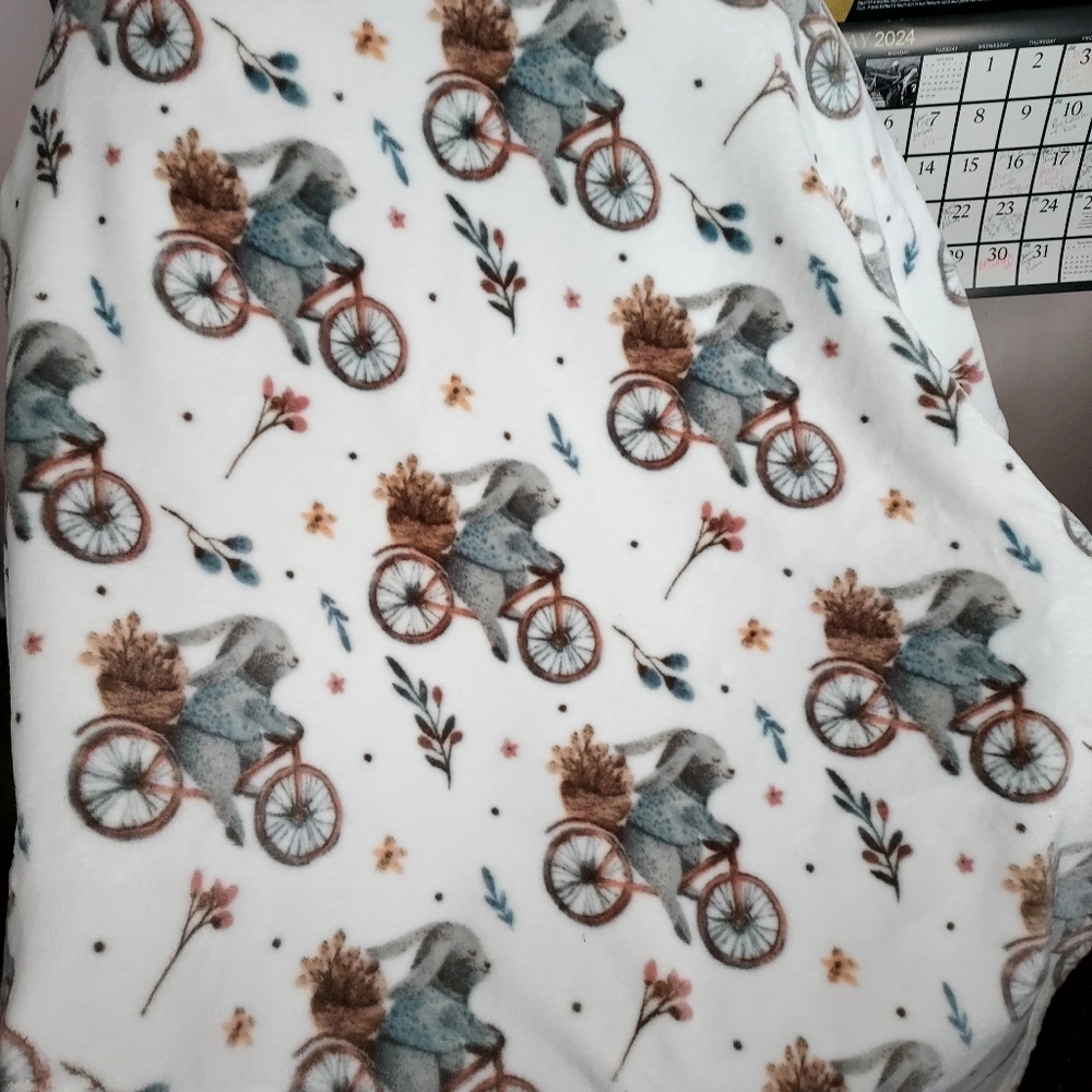 Artisan Whimsy Bunny Rabbit on Bike Plush Baby Blanket 48" x 72" Quirky Winter